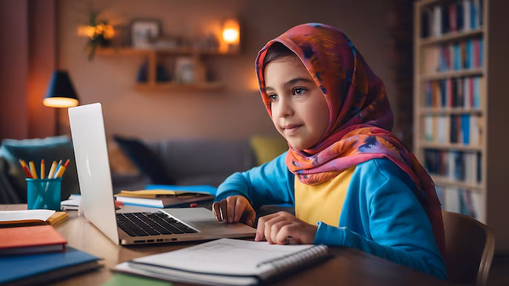 Girl learning in safe online Quran classes with a female teacher