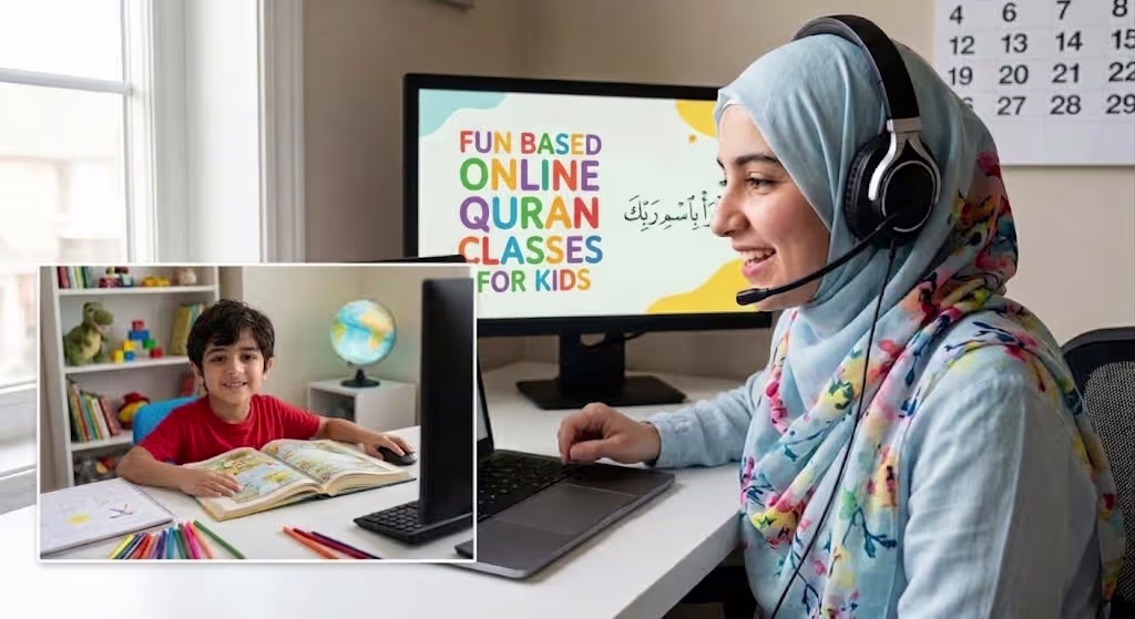 Safe online Quran classes for children – child learning at home in a shared family space